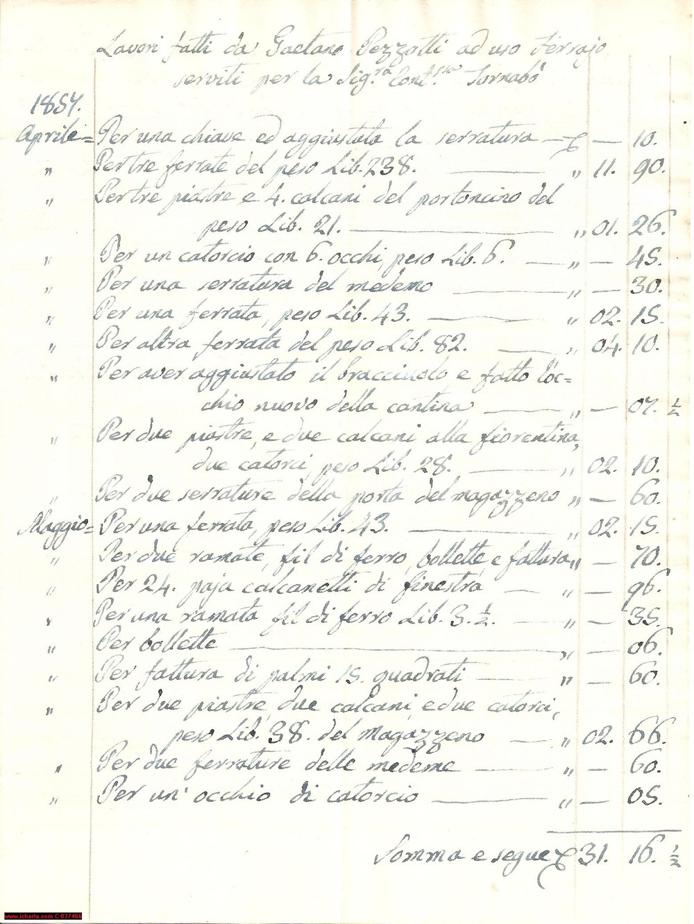 Documento originale, autentico 1857 MACERATA Lavori fabbro PEZZOTTI per TORNABUONI 1