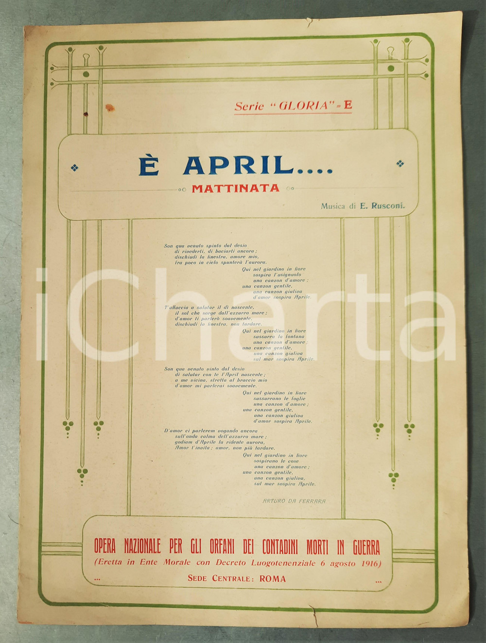 Oggetto da collezione cartaceo 1920 Ermenegildo RUSCONI E' april... Mattinata *Spartito Opera Orfani Contadini 1