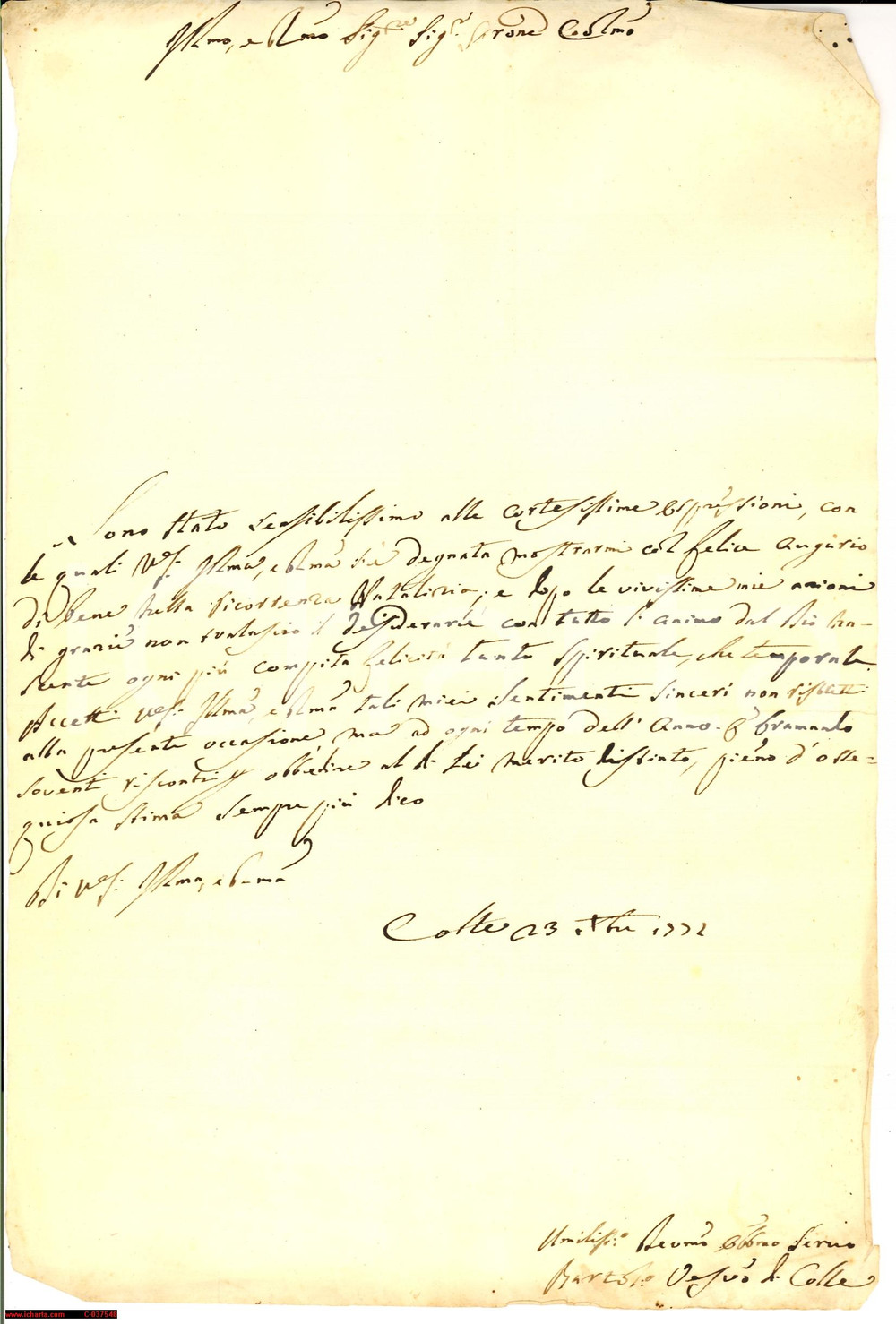 Autografo originale 1772 COLLE VAL D ELSA SI Mons. GUELFI CAMAIANI Autog. 1