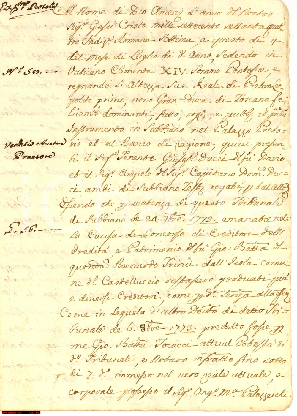 Documento originale, autentico 1774 SUBBIANO (AR) Patrimonio TRINCI ceduto per debiti 1