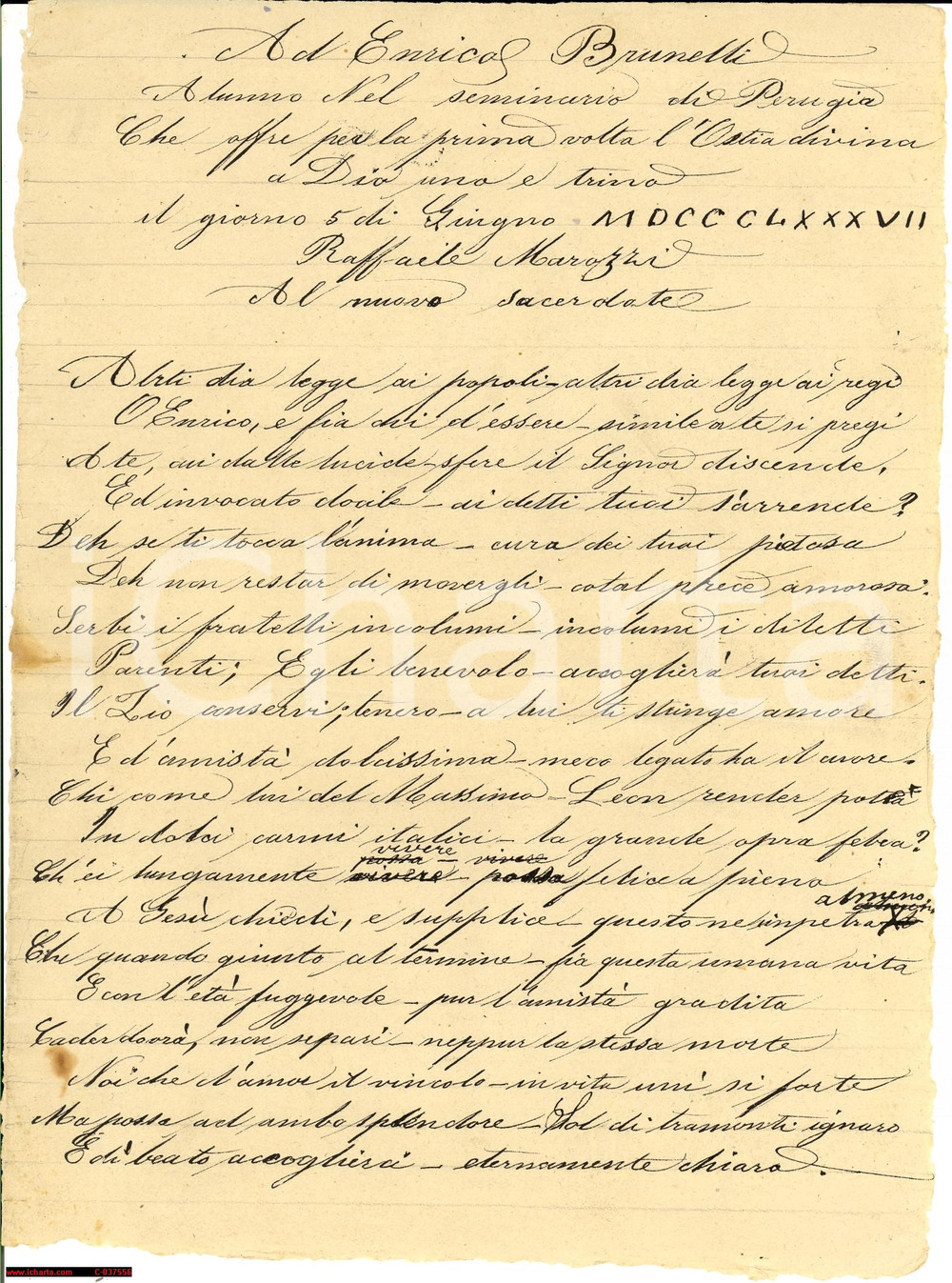 Documento originale, autentico 1887 PERUGIA A Don Enrico BRUNELLI nella prima Messa 1