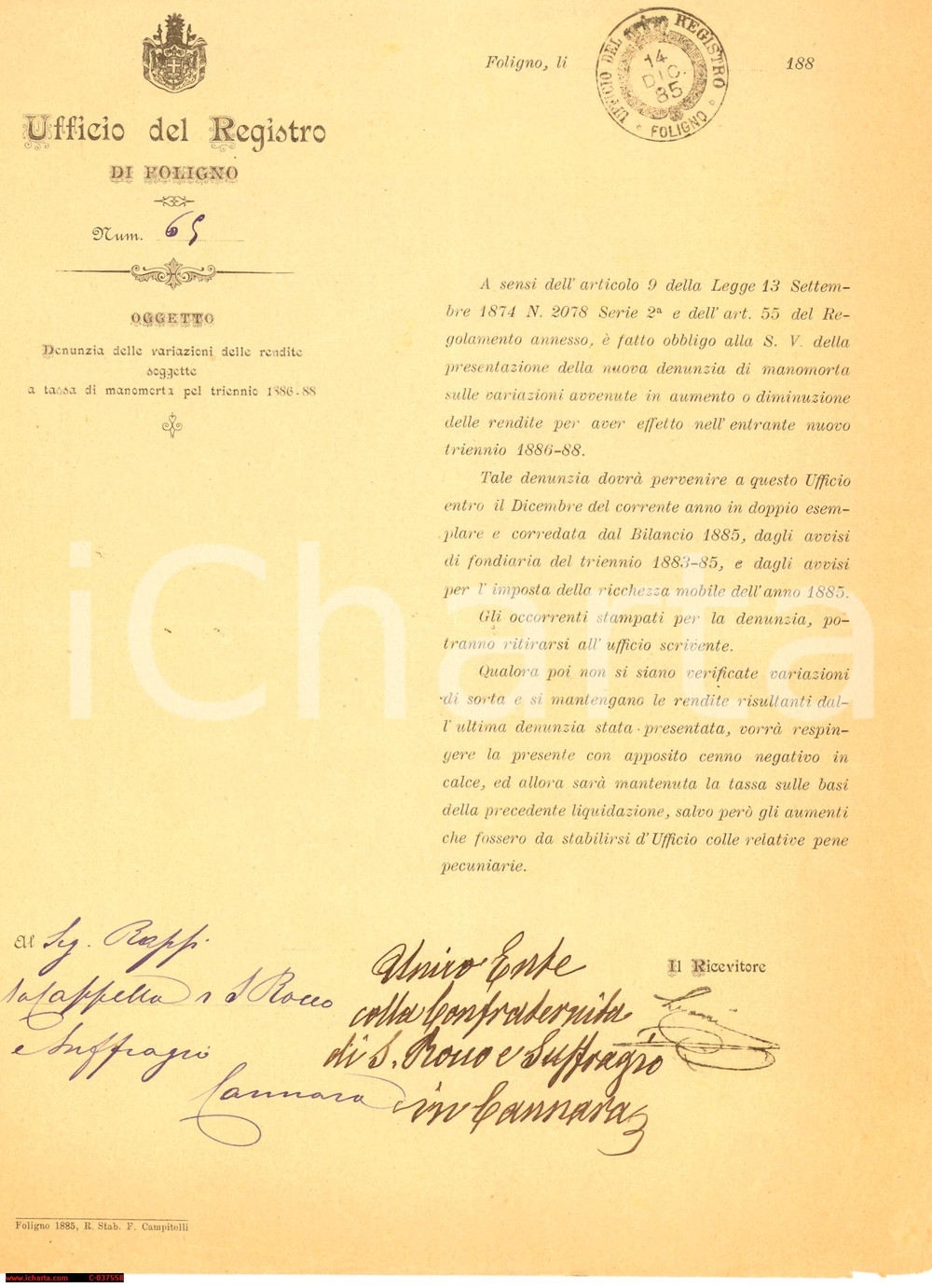 Documento originale, autentico 1885 CANNARA (PG) Rendite manomorta Cappella SAN ROCCO 1