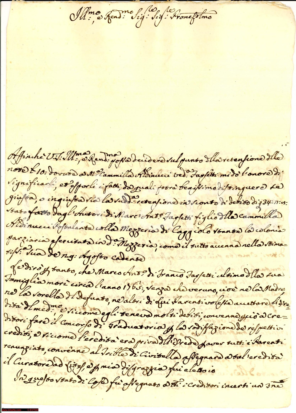 Manoscritto, lettera originale 1771 CIVITELLA AR EreditÃ  FARSETTI rifiutata per debiti 1