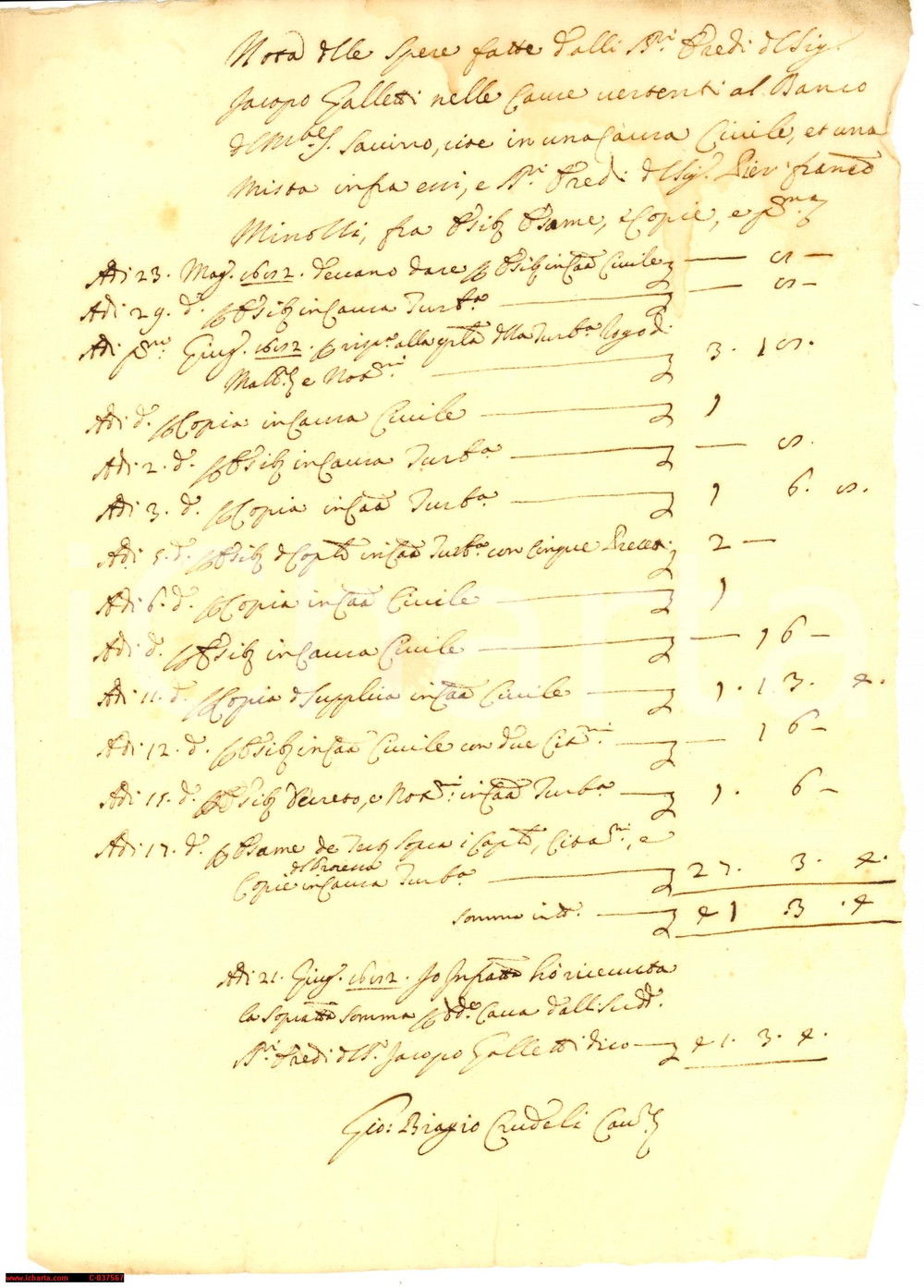 Documento originale, autentico 1682 MONTE SAN SAVINO (AR) Spese eredi Jacopo GALLETTI 1