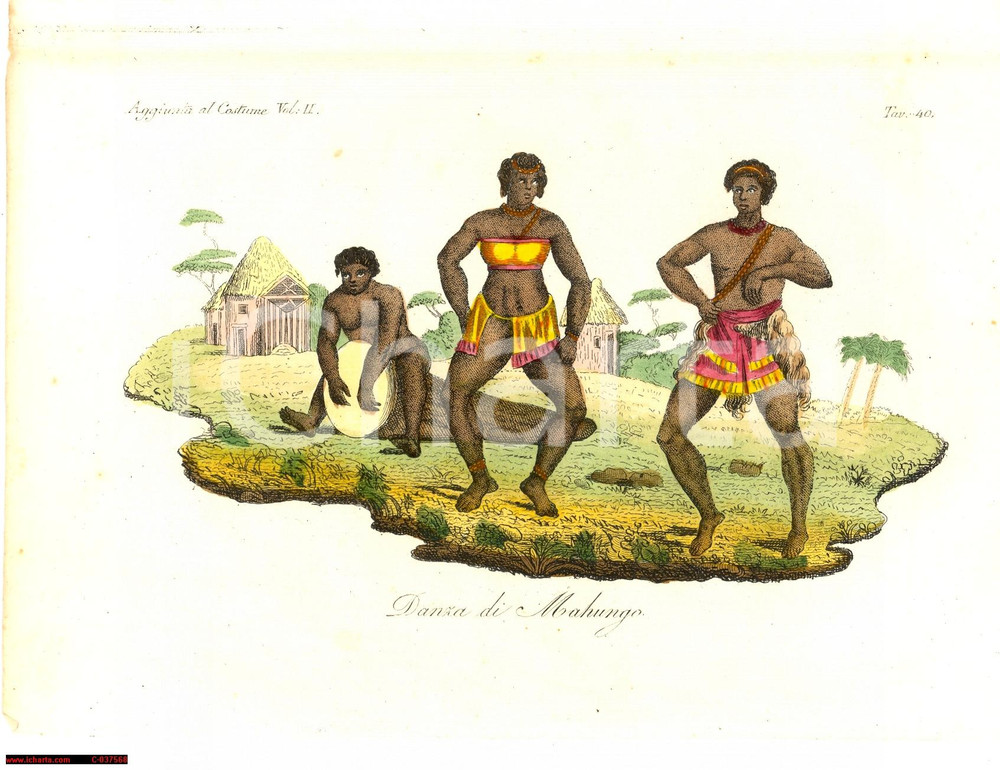 Stampa, bozzetto originale 1823 Stampa colorata a mano Danza di MAHUNGO 1