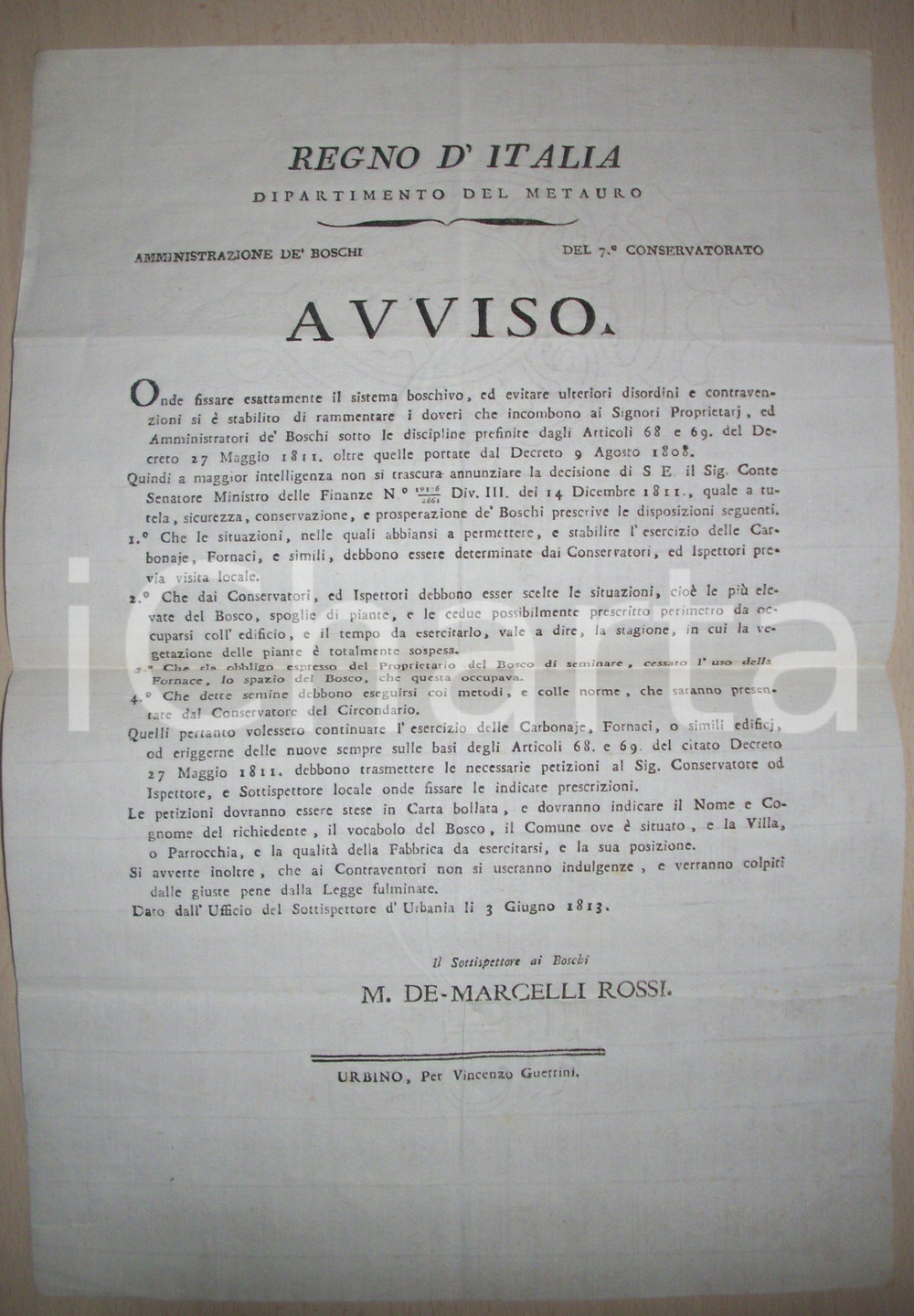 Documento originale, autentico 1813 URBANIA (PU) Prosperazione de' boschi del METAURO 1