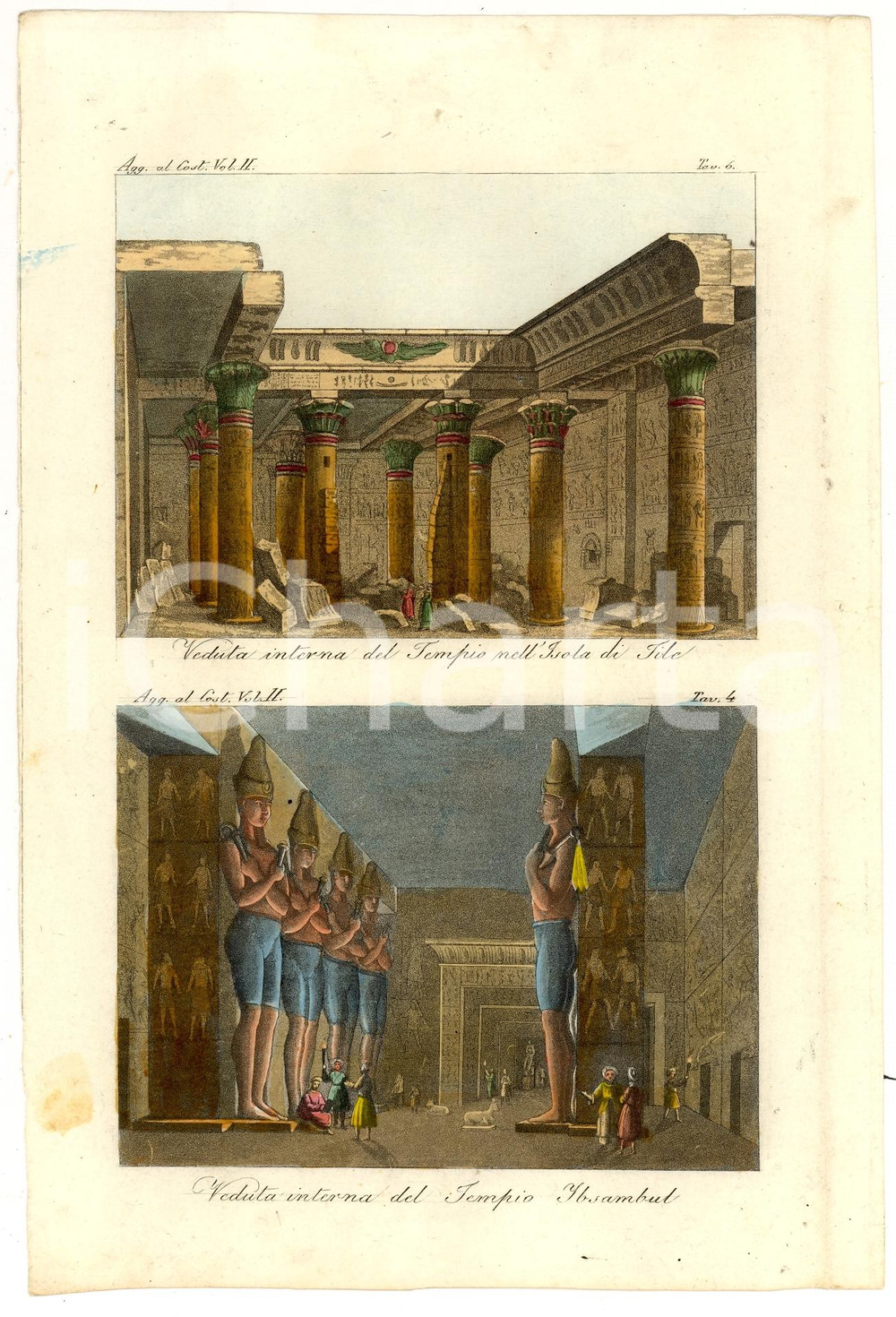 Stampa, bozzetto originale 1837 Templi ISOLA DI FILE e IBSAMBUL Colorata a mano 1