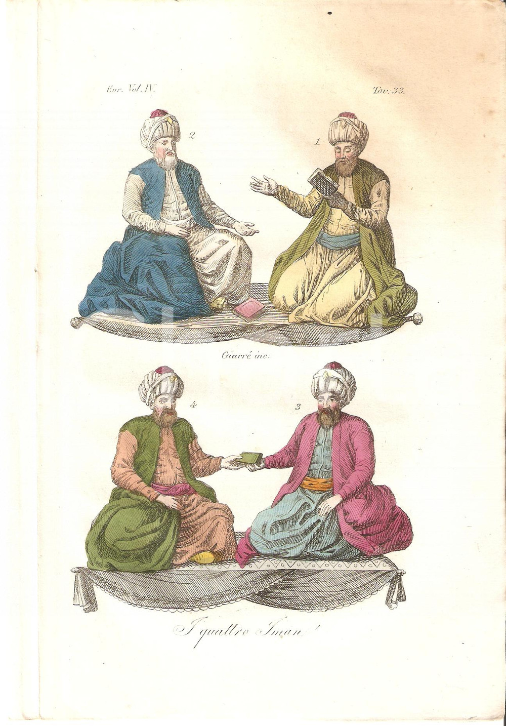 Stampa, bozzetto originale 1823 Stampa d epoca I QUATTRO IMAM Colorata a mano 1