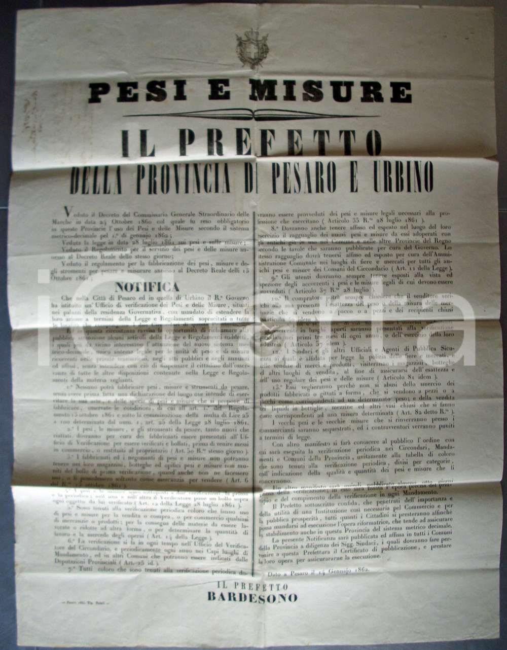 Documento originale, autentico 1862 PESARO Pesi e misure del nuovo sistema metrico 1