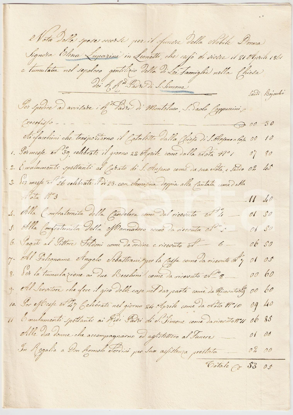Documento originale, autentico 1861 SPOLETO PG  Spese per il funerale della nobildonna Elena LUPARINI 1