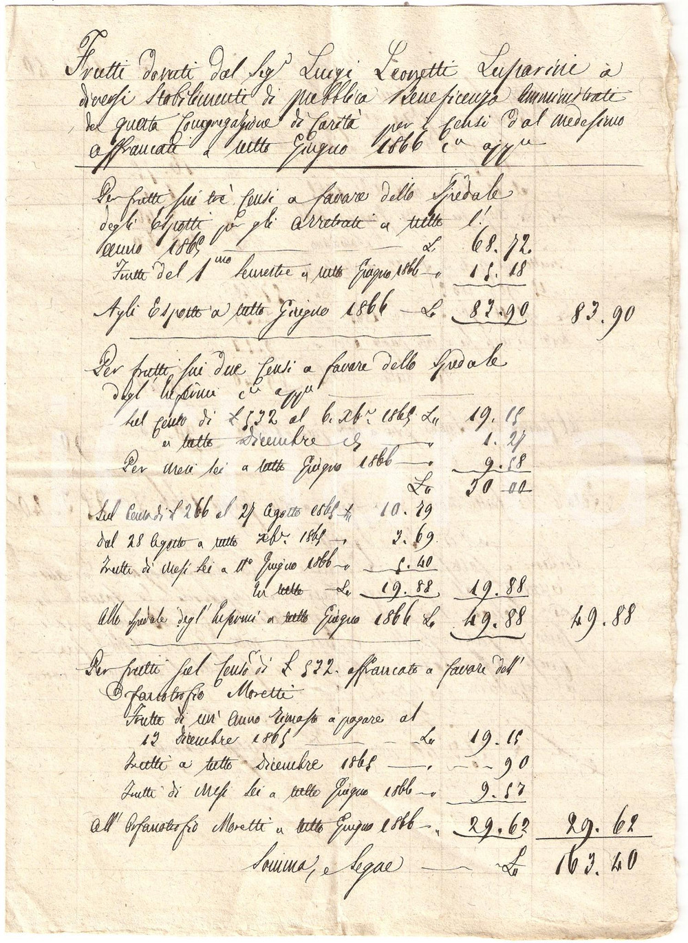 Documento originale, autentico 1867 SPOLETO (PG) Censi della Congregazione di CaritÃ  1