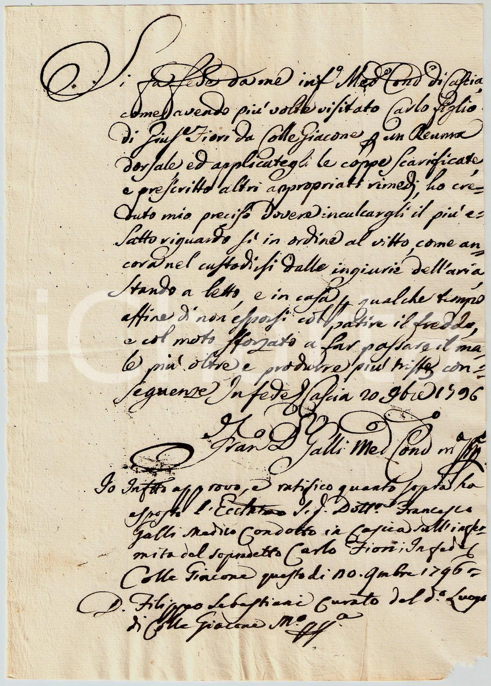 Manoscritto, lettera originale 1796 COLLE GIACONE (PG) Carlo FIORI costretto a letto per un reuma dorsale 1