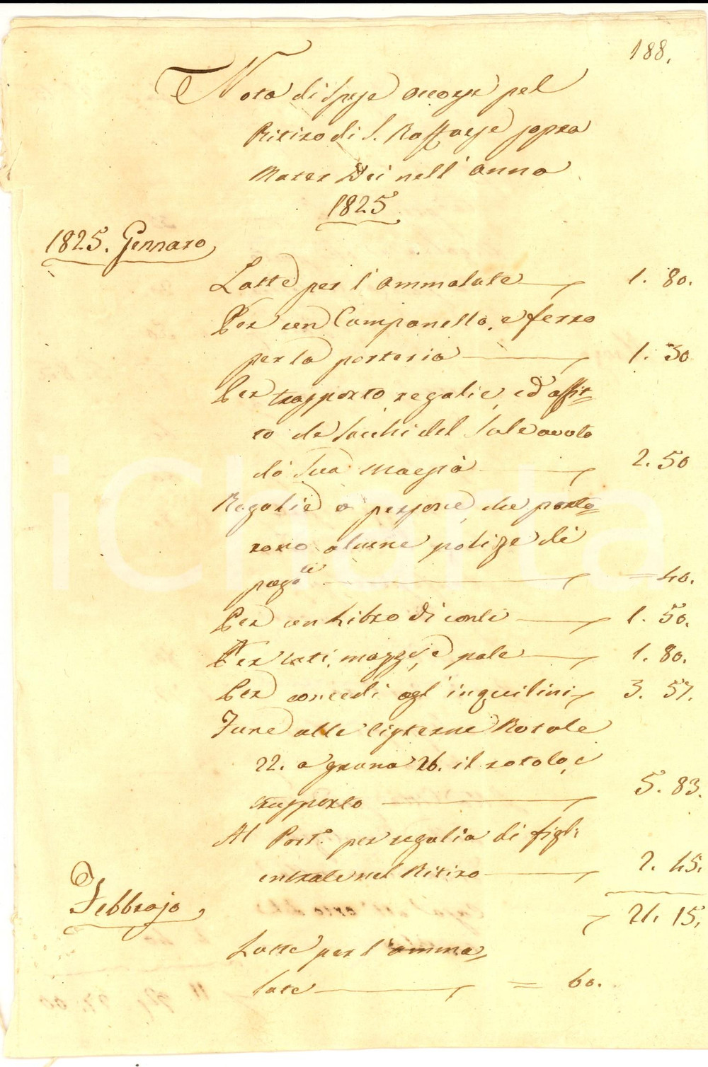 Documento originale, autentico 1825 NAPOLI MATERDEI Spese per ritiro SAN RAFFAELE per donne malate *Manoscritto 1