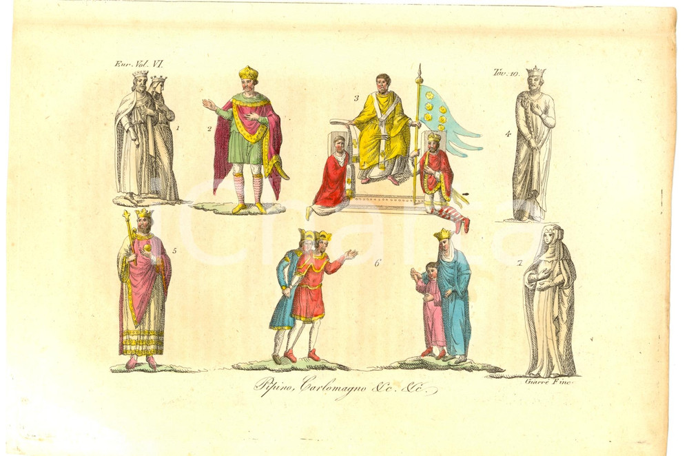 Stampa, bozzetto originale 1830 Pipino e Carlomagno Inc. GIARRE' Colorata a mano 1