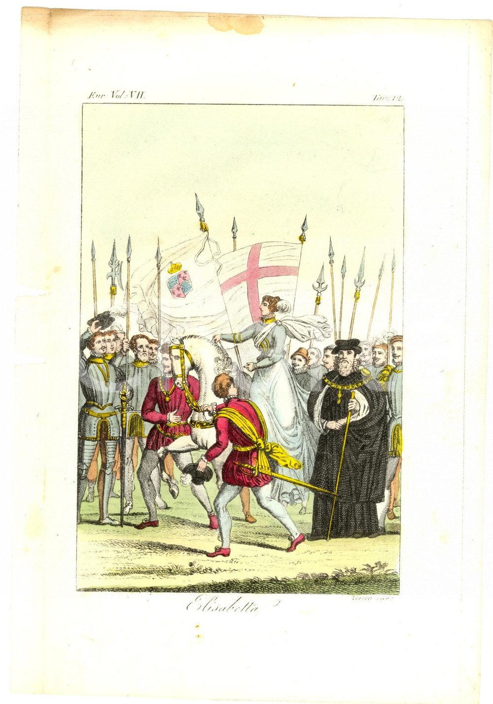 Stampa, bozzetto originale 1830 Regina ELISABETTA Incisione VERICO Colorata a mano 1