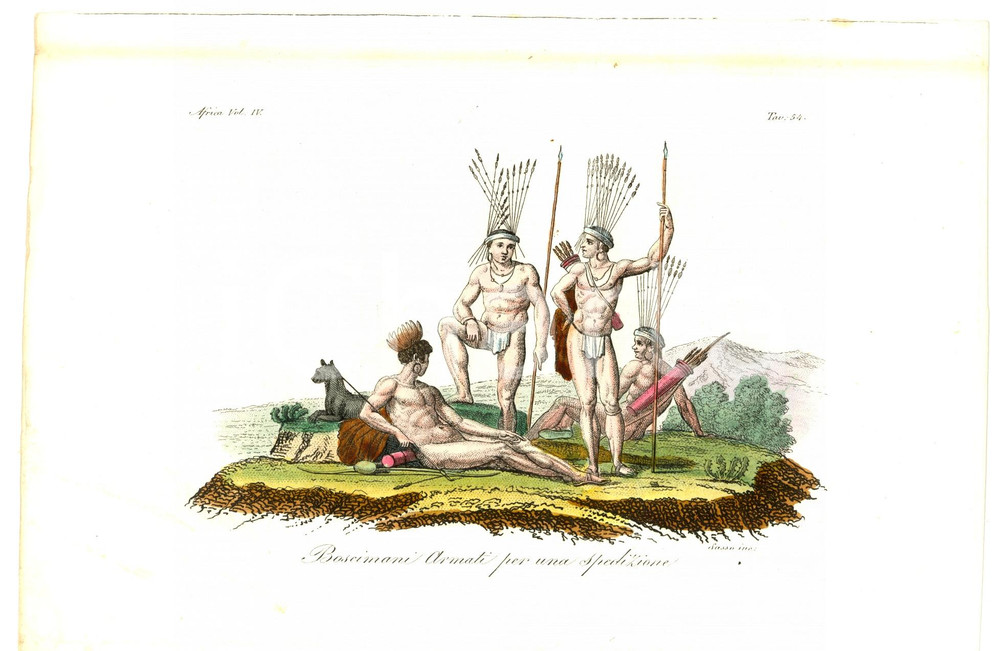 Stampa, bozzetto originale 1830 AFRICA BOSCIMANI armati per spedizione Inc. SASSO 1
