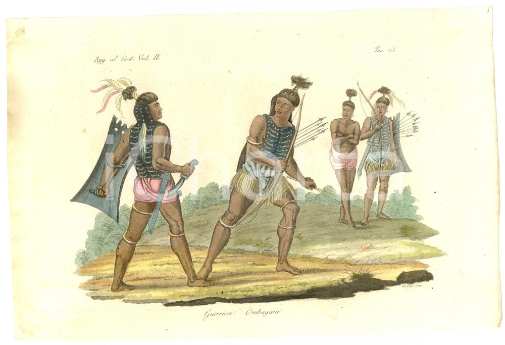 Stampa, bozzetto originale 1834 ASIA Guerrieri OMBAYANI Inc. CORSI Colorata a mano 1