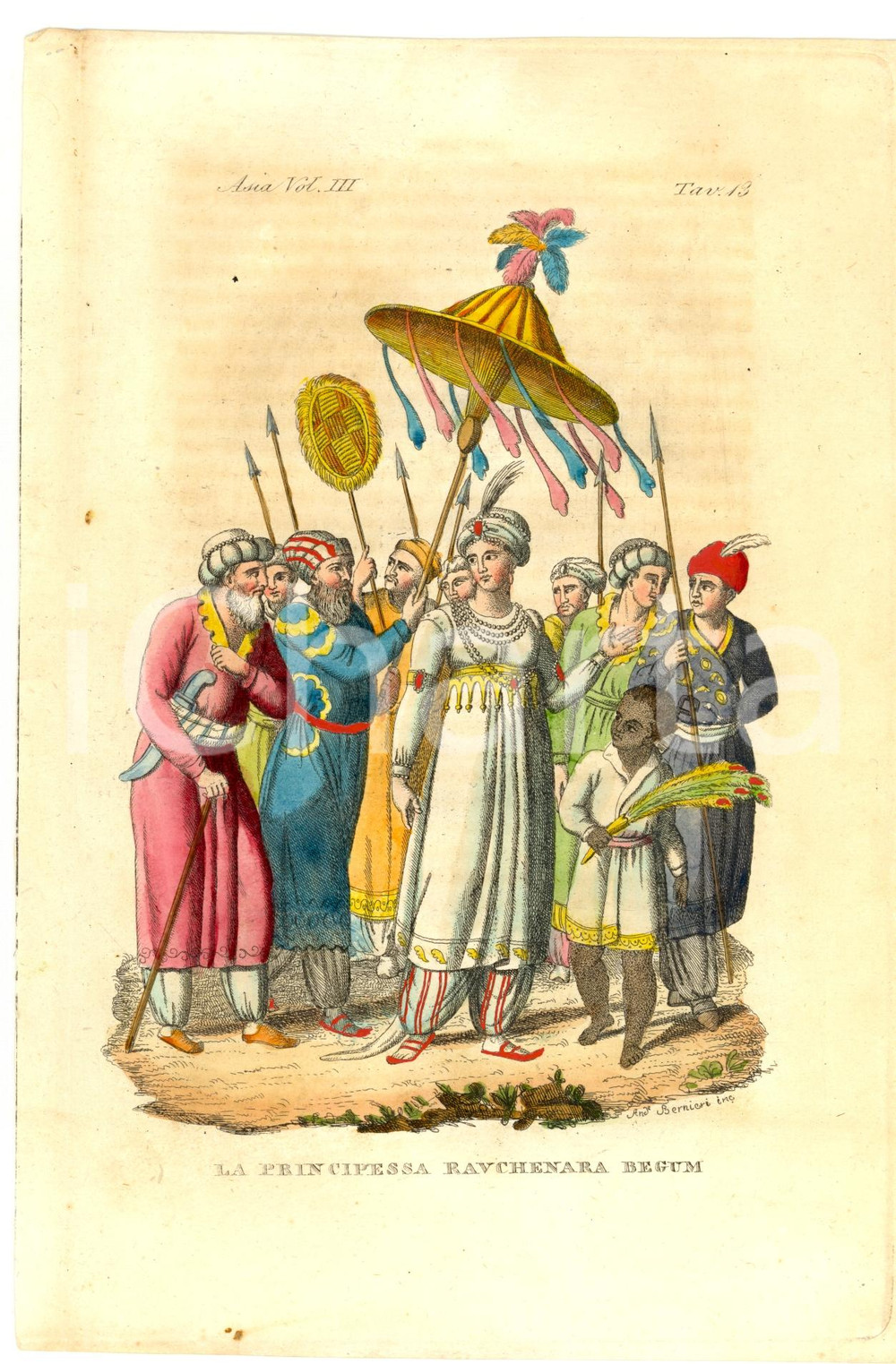 Stampa, bozzetto originale 1824 ASIA La principessa Ravchenara Begum Inc. BERNIERI 1