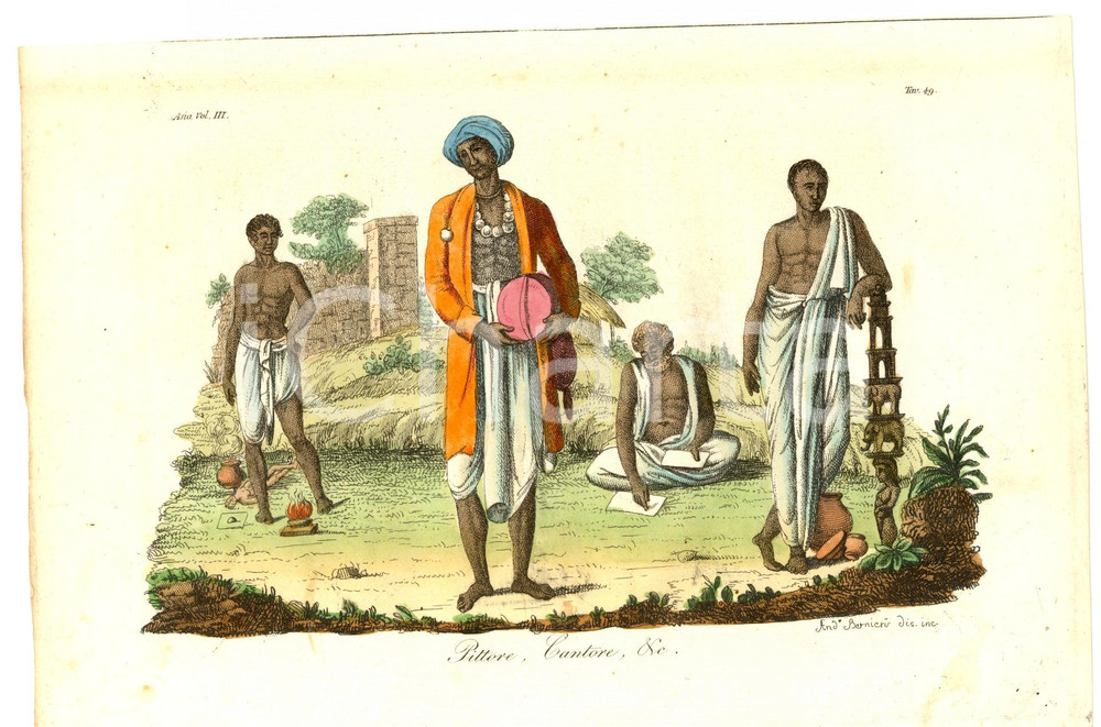 Stampa, bozzetto originale 1824 ASIA Pittore e cantore tradizionali Color. a mano 1