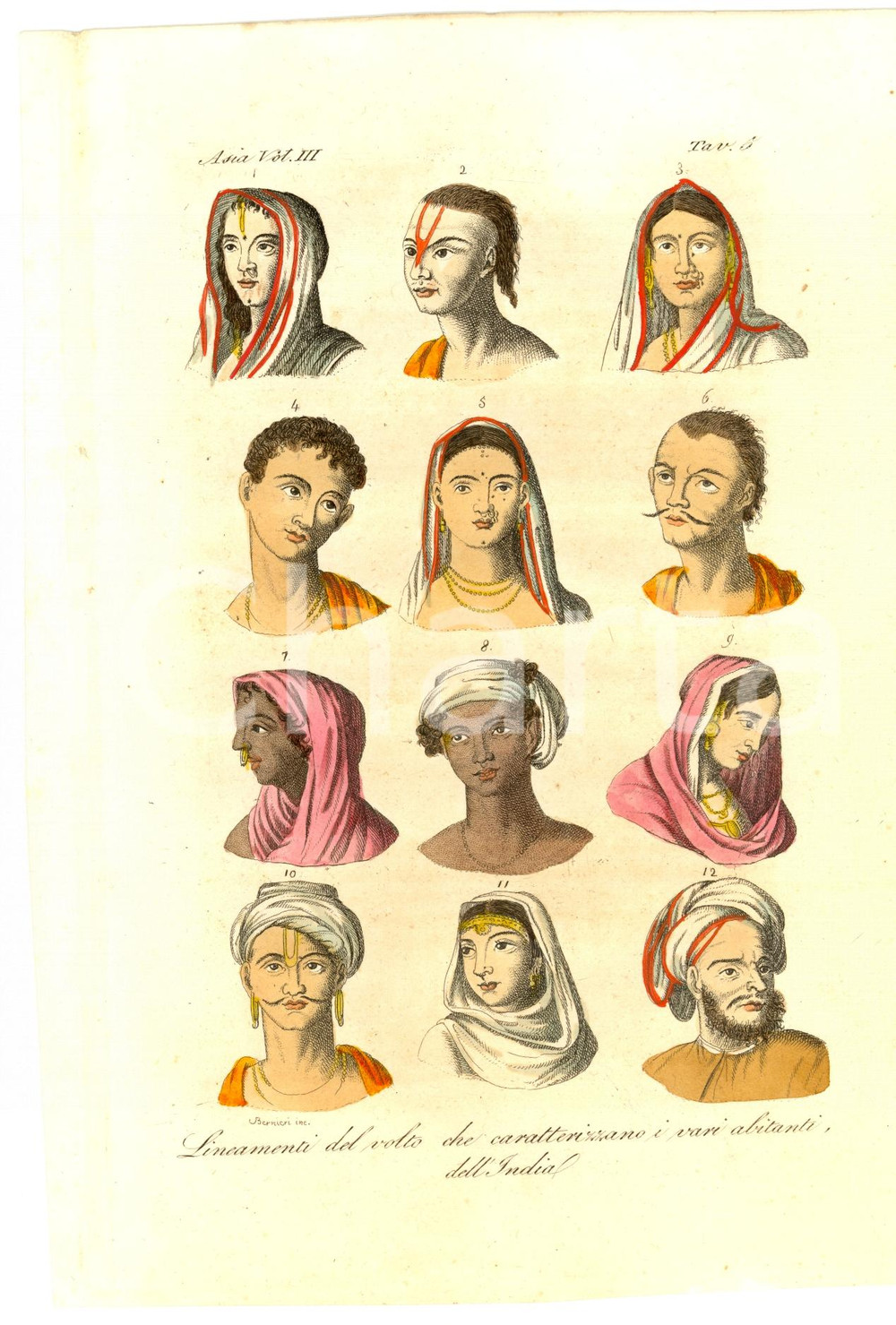 Stampa, bozzetto originale 1824 ANTROPOLOGIA Lineamenti volto abitanti dell'INDIA 1