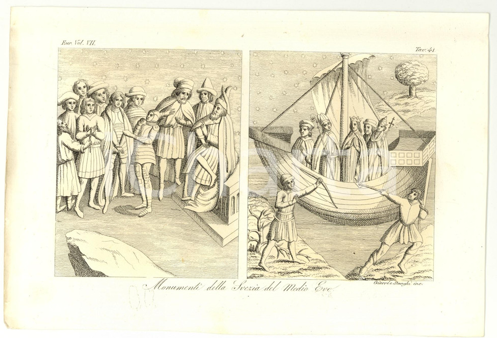 Stampa, bozzetto originale 1830 Monumenti SVEZIA DEL MEDIOEVO Inc. GIARRE' STANGHI 1