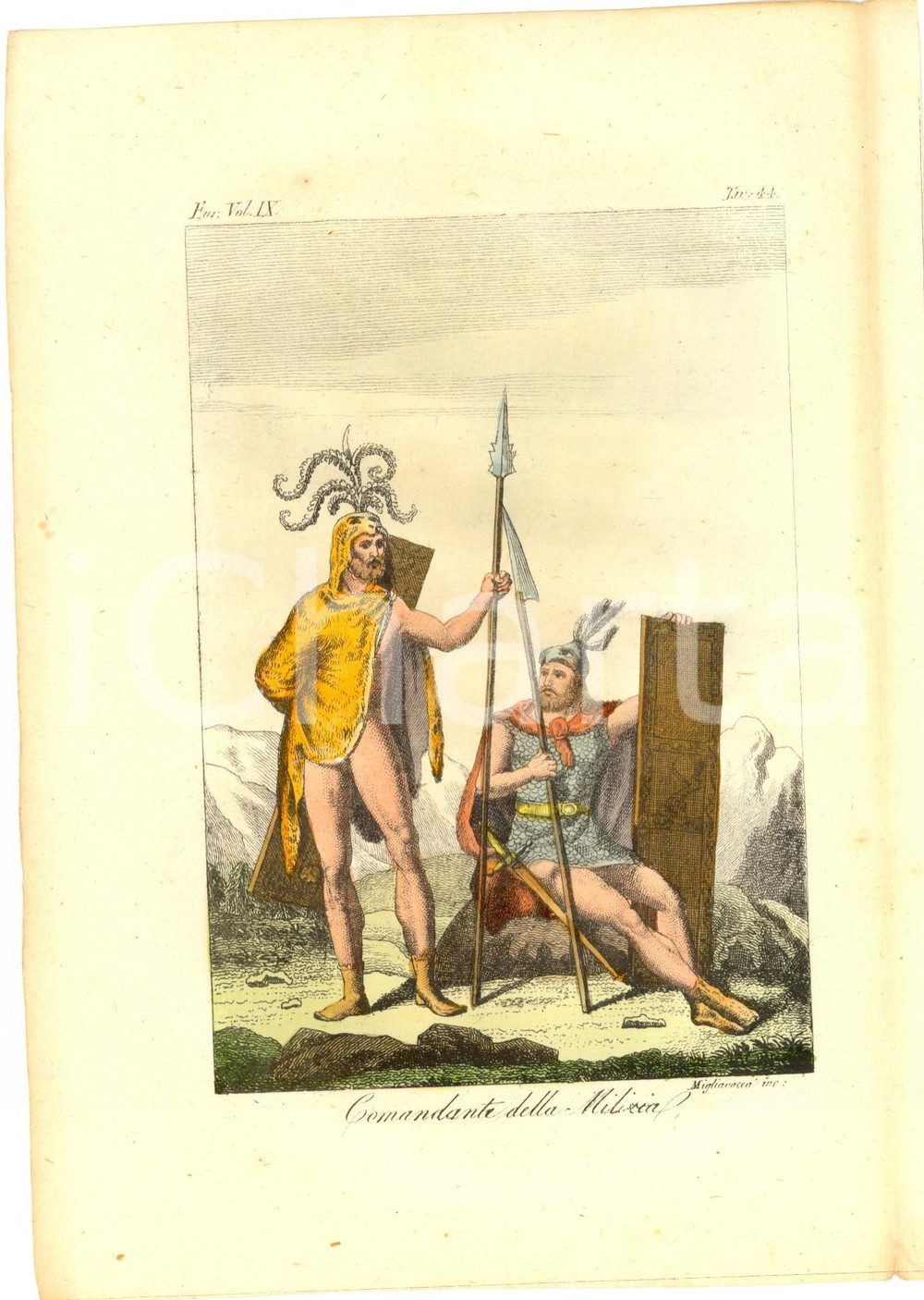 Stampa, bozzetto originale 1829 ANTICHI GERMANI Comandante della milizia Incisione MIGLIAVACCA 1