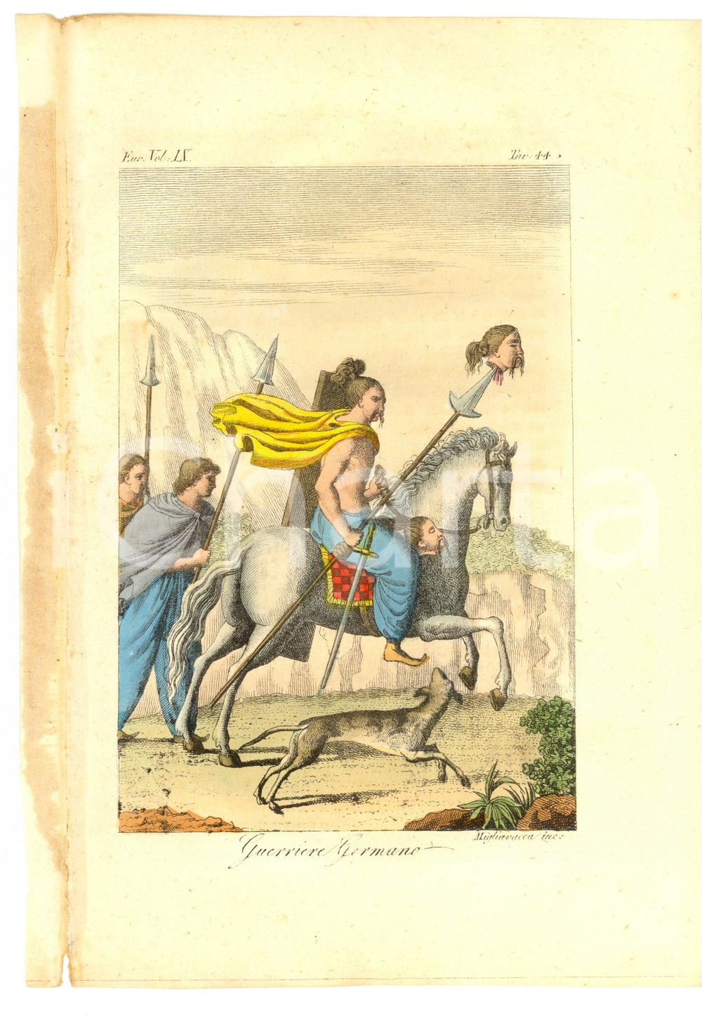 Stampa, bozzetto originale 1829 Guerriero Germano espone testa del nemico  Incisione MIGLIACACCA 1