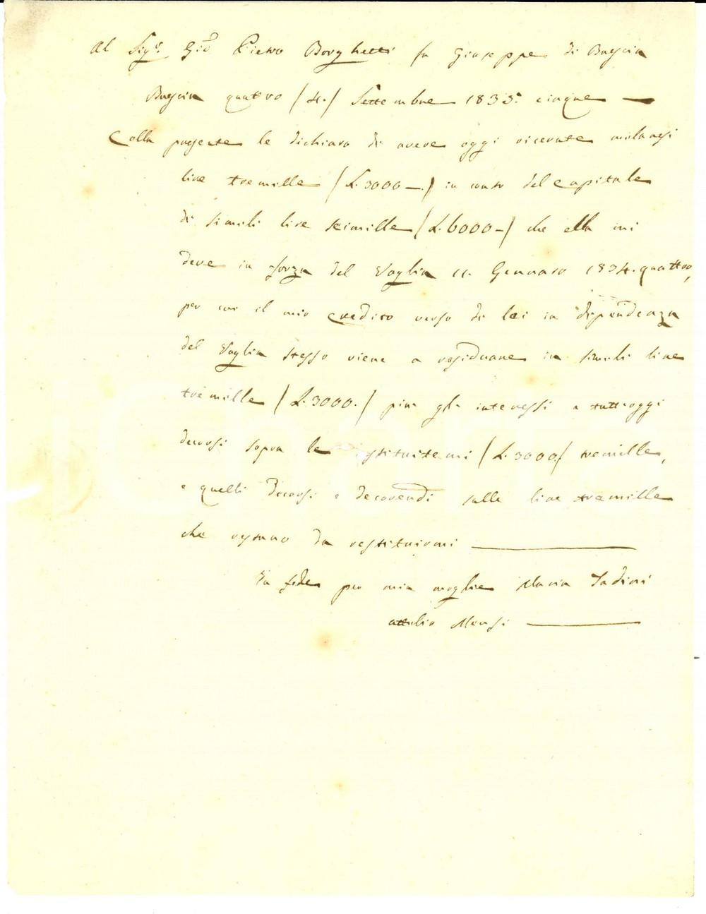 Documento originale, autentico 1835 BRESCIA Ricevuta Attilio MENSI a Pietro BORGHETTI per conto della moglie 1