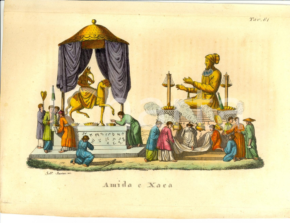 Stampa, bozzetto originale 1823 ASIA Amida e Xaca Incisione Andrea BERNIERI Colorata a mano 1