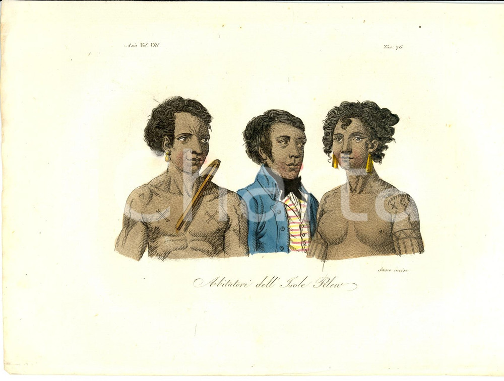 Stampa, bozzetto originale 1823 OCEANIA Abitatori dell Isole PELEW Incisione SASSO 1