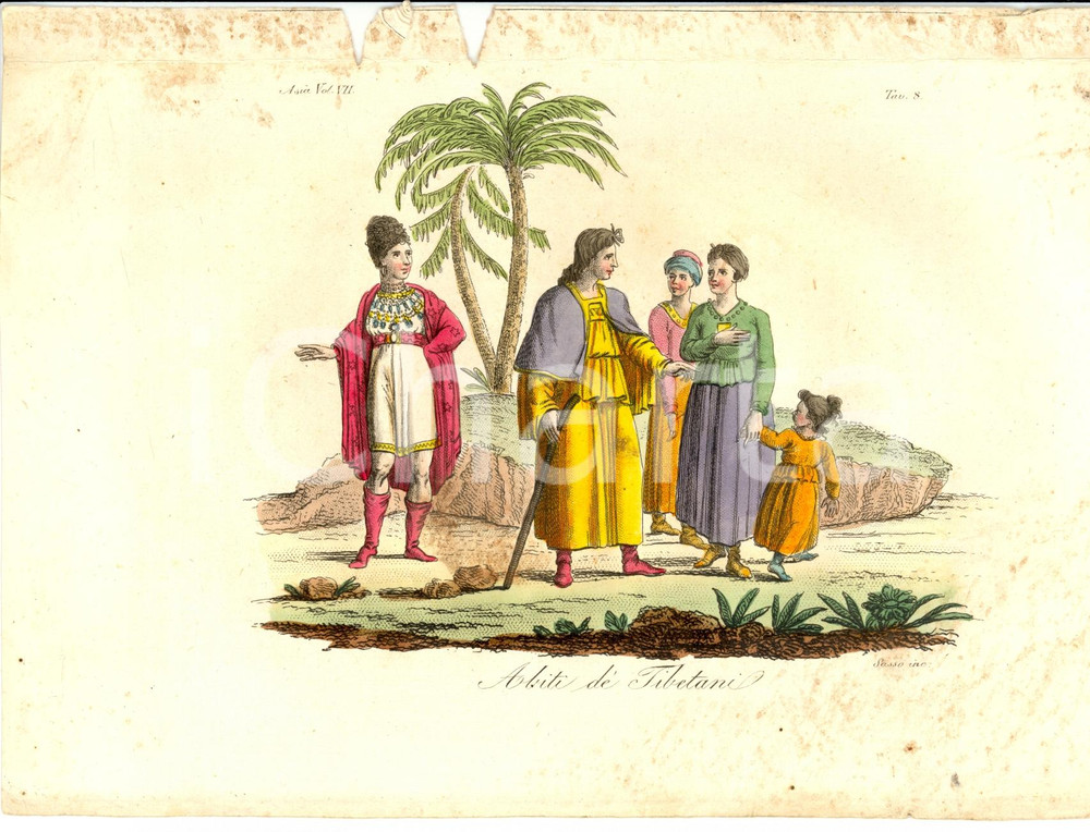 Stampa, bozzetto originale 1823 ASIA Abiti de  Tibetani Incisione SASSO Colorata a mano 1