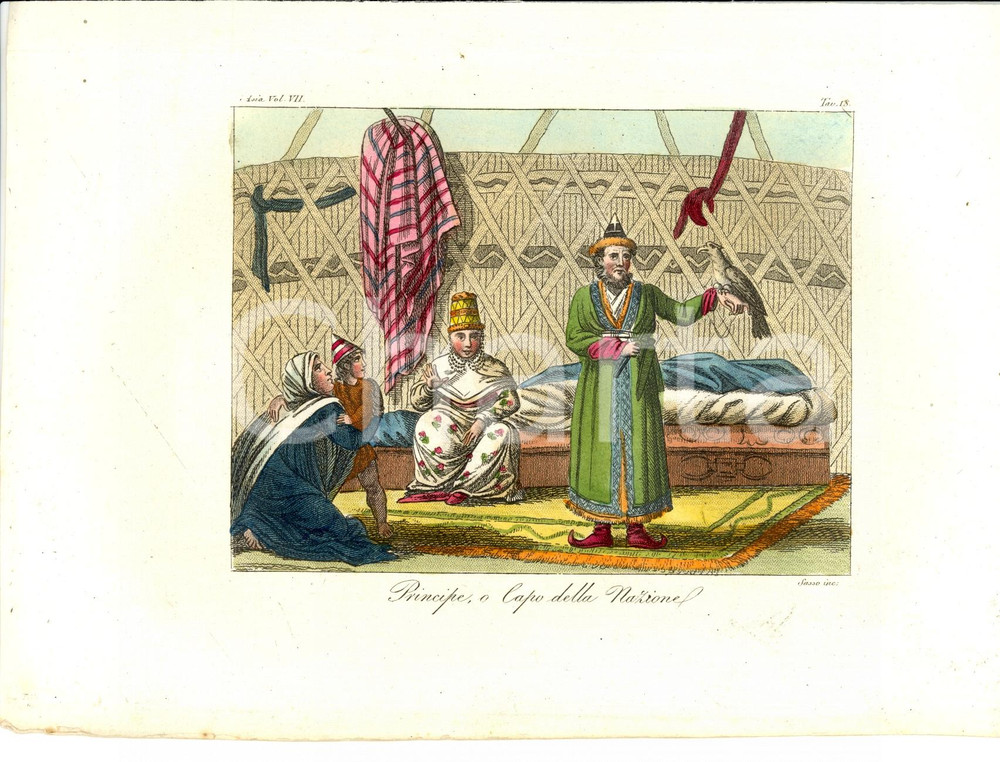 Stampa, bozzetto originale 1823 COSTUMI KIRGHISI Principe o Capo della Nazione Incisione colorata a mano 1