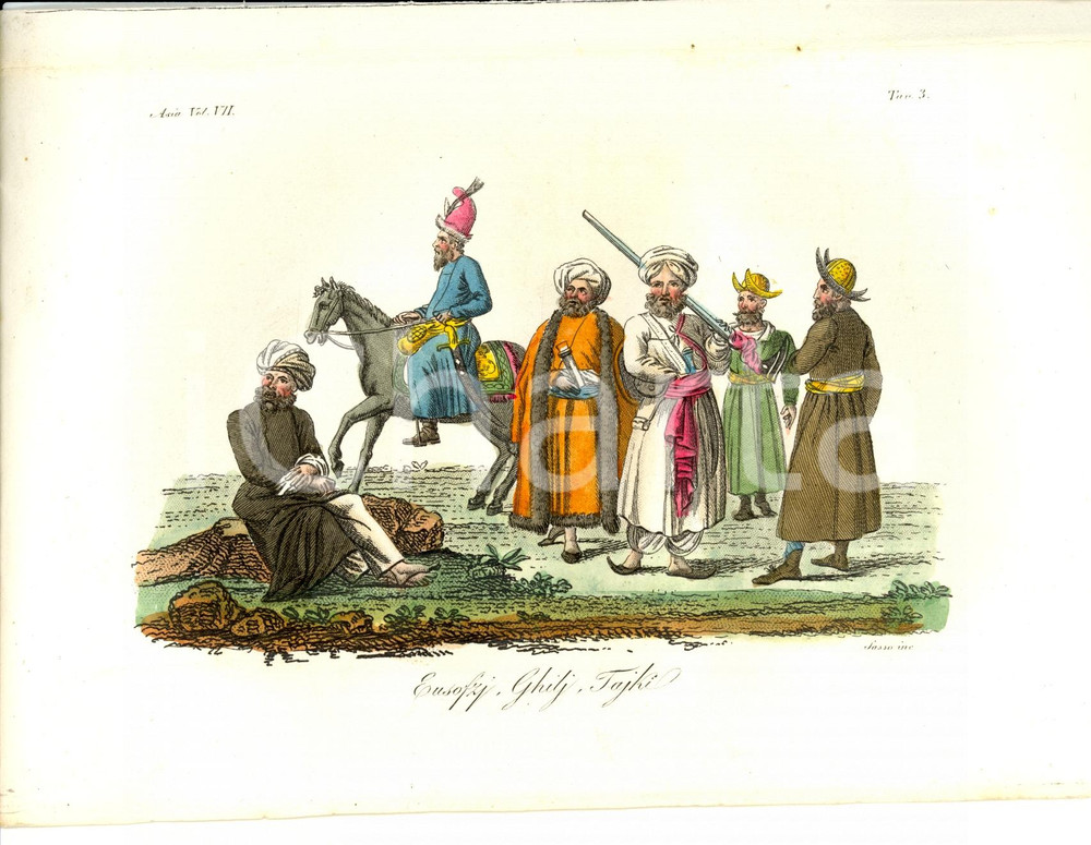 Stampa, bozzetto originale 1823 AFGHANISTAN Eusofzj, Ghilj, Tajki Incisione SASSO Colorata a mano 1