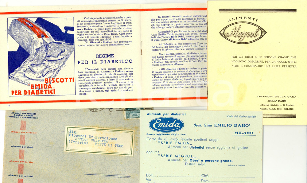 Materiale pubblicitario d’epoca 1938 MILANO Emilio DAHO' Alimenti dietetici EMIDA e MEGROL *Farmaceutica 1