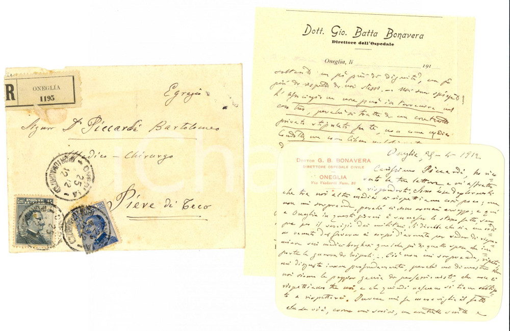Autografo originale 1912 Ospedale ONEGLIA IM G. Battista BONAVERA I medici sono la peggior genia 1