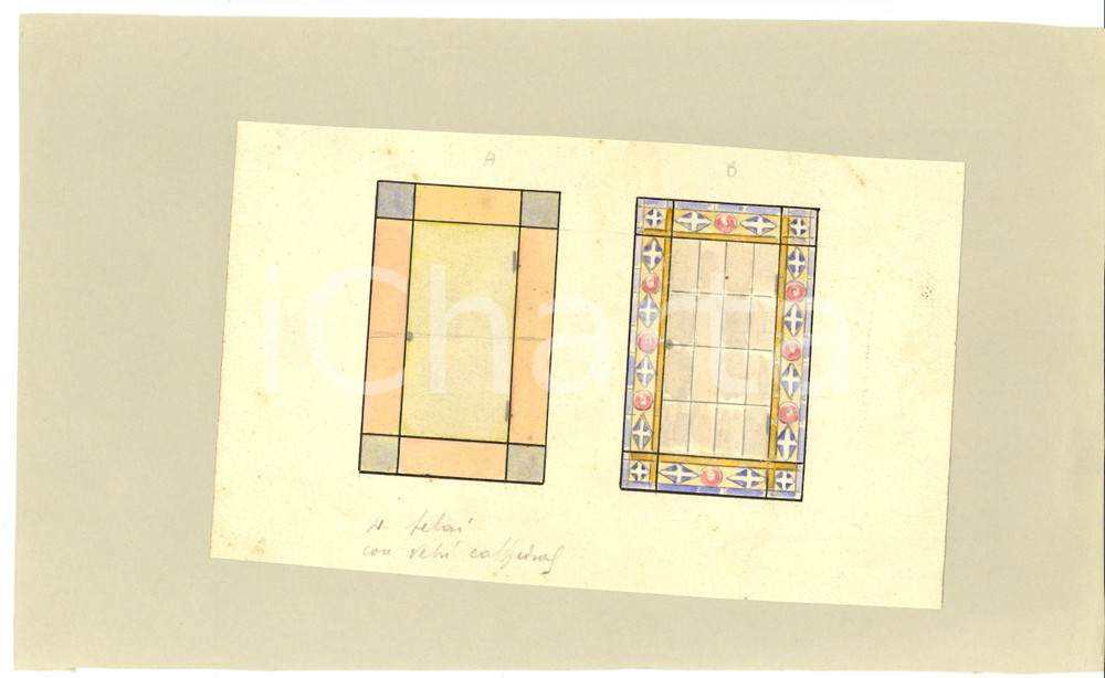 Stampa, bozzetto originale 1900 ca Progetto per vetrate abitazione privata ACQUERELLATO A MANO 1