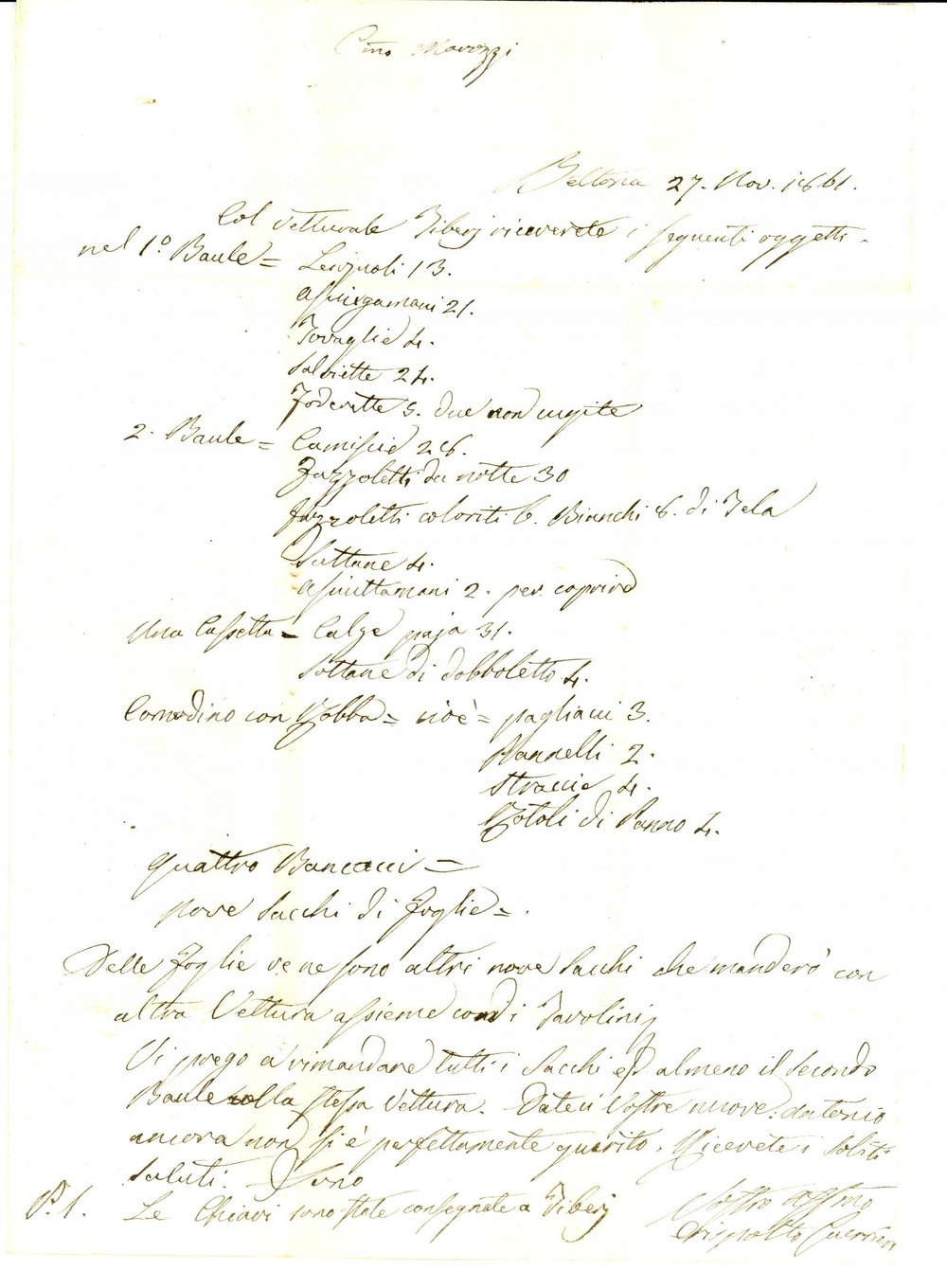 Autografo originale 1861 BETTONA PG Crispolto GUERRIERI invia corredo alla figlia Lettera 1
