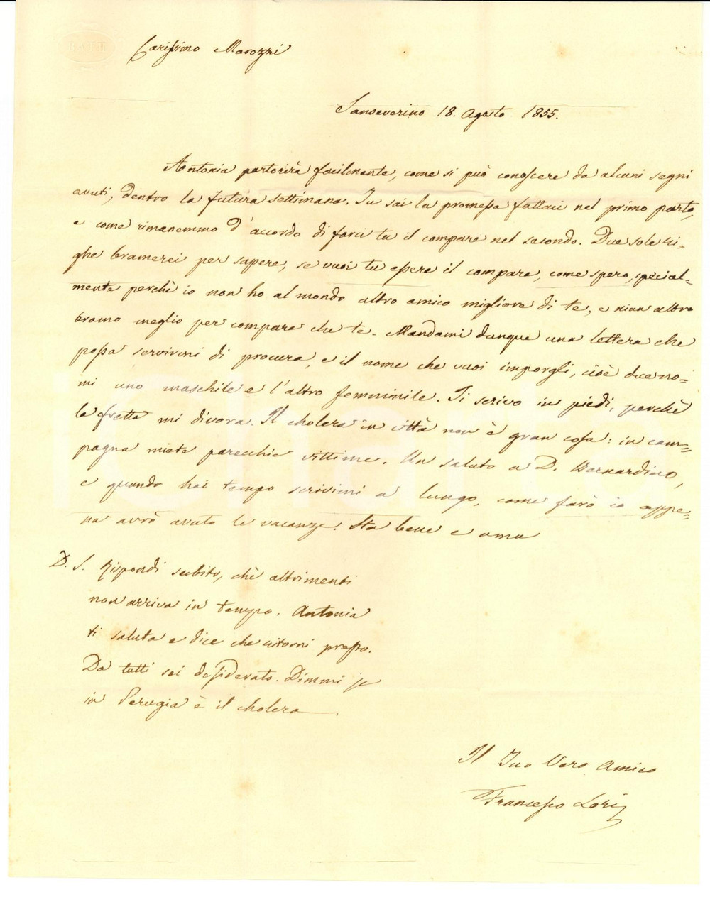 Autografo originale 1855 SAN SEVERINO MARCHE (MC) Francesco LORI cerca un padrino Autografo 1