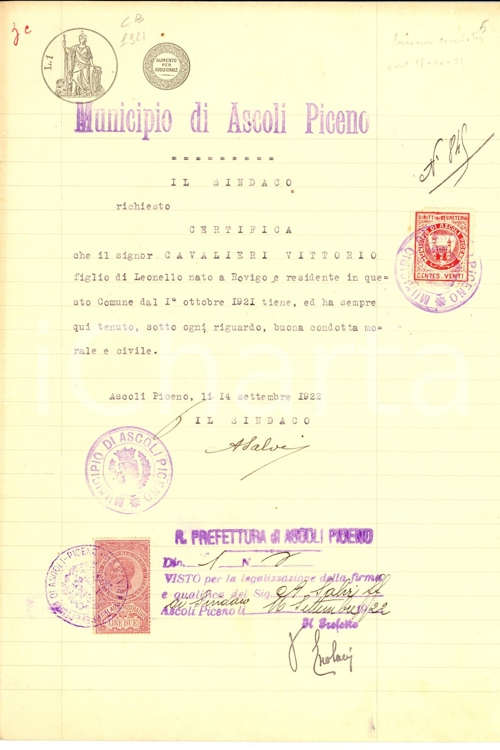 Documento originale, autentico 1922 ASCOLI PICENO Buona condotta di Vittorio CAVALIERI 1