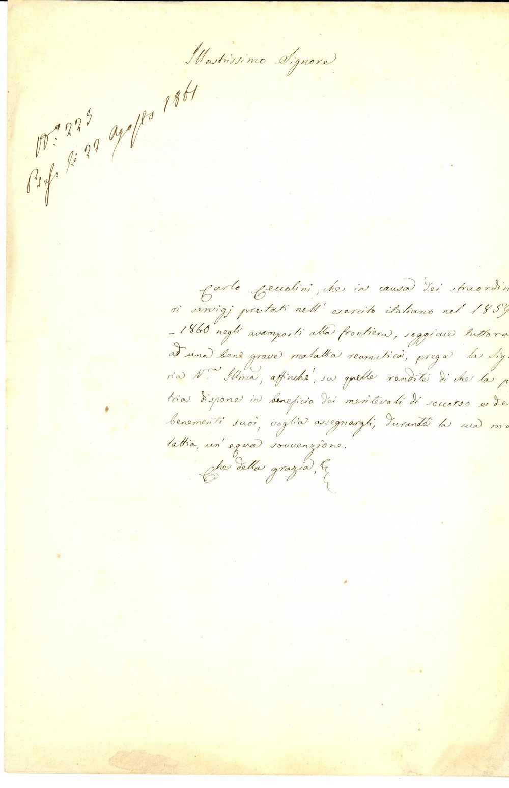 Documento originale, autentico 1861 FANO (PU) Sussidio a Carlo CECCOLINI invalido RISORGIMENTO 1