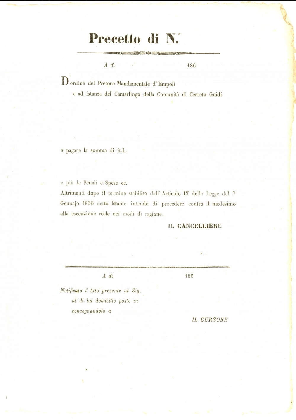 Documento originale, autentico 1860 ca GRANDUCATO DI TOSCANA Precetto a istanza del Camarlingo 1