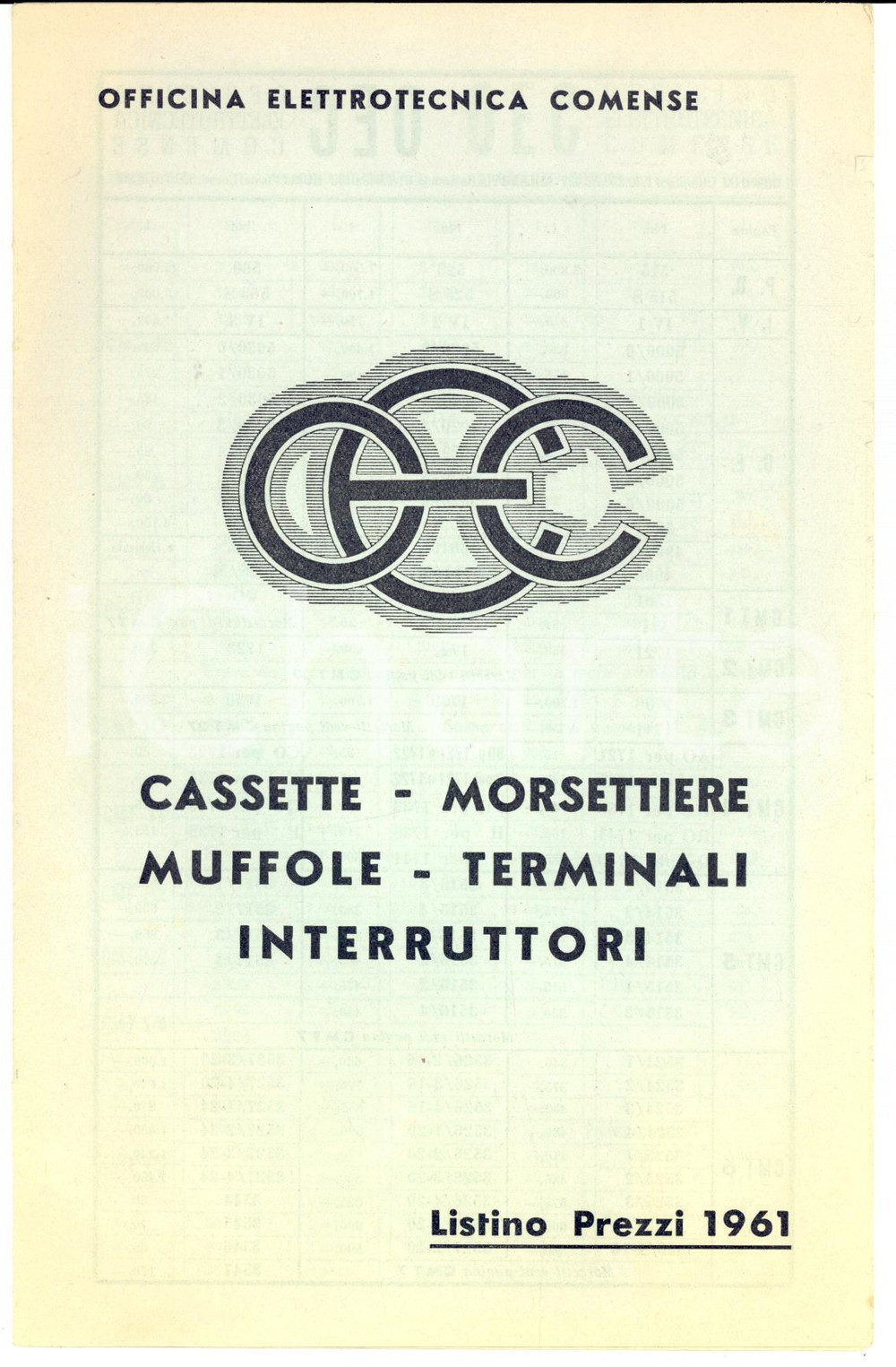 Materiale pubblicitario d’epoca 1961 COMO Officina Elettrotecnica Comense Listino muffole e morsettiere 1
