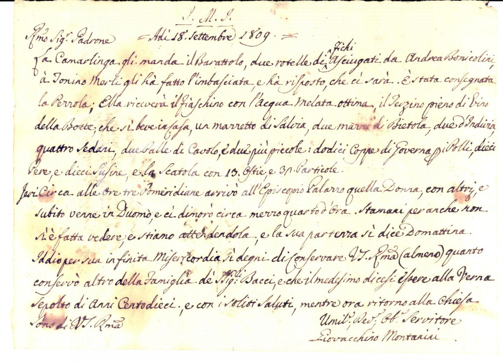 Documento originale, autentico 1809 AREZZO Oscuri movimenti di una donna al palazzo del vescovo Manoscritto 1
