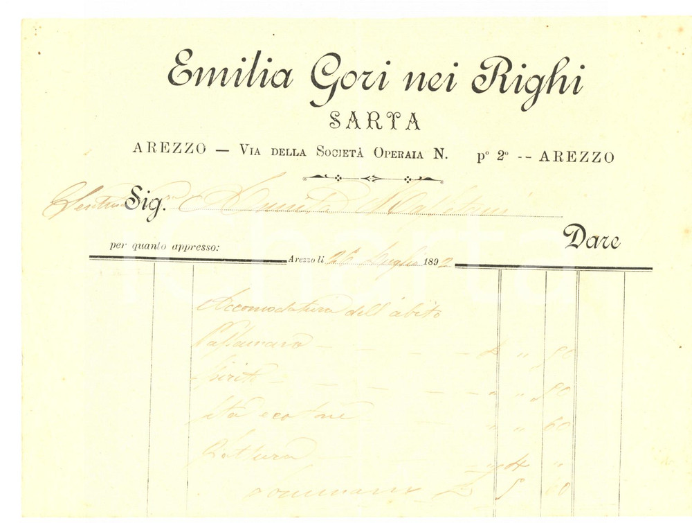 Documento originale, autentico 1892 AREZZO Conto sarta Emilia GORI RIGHI per accomodatura abiti 1
