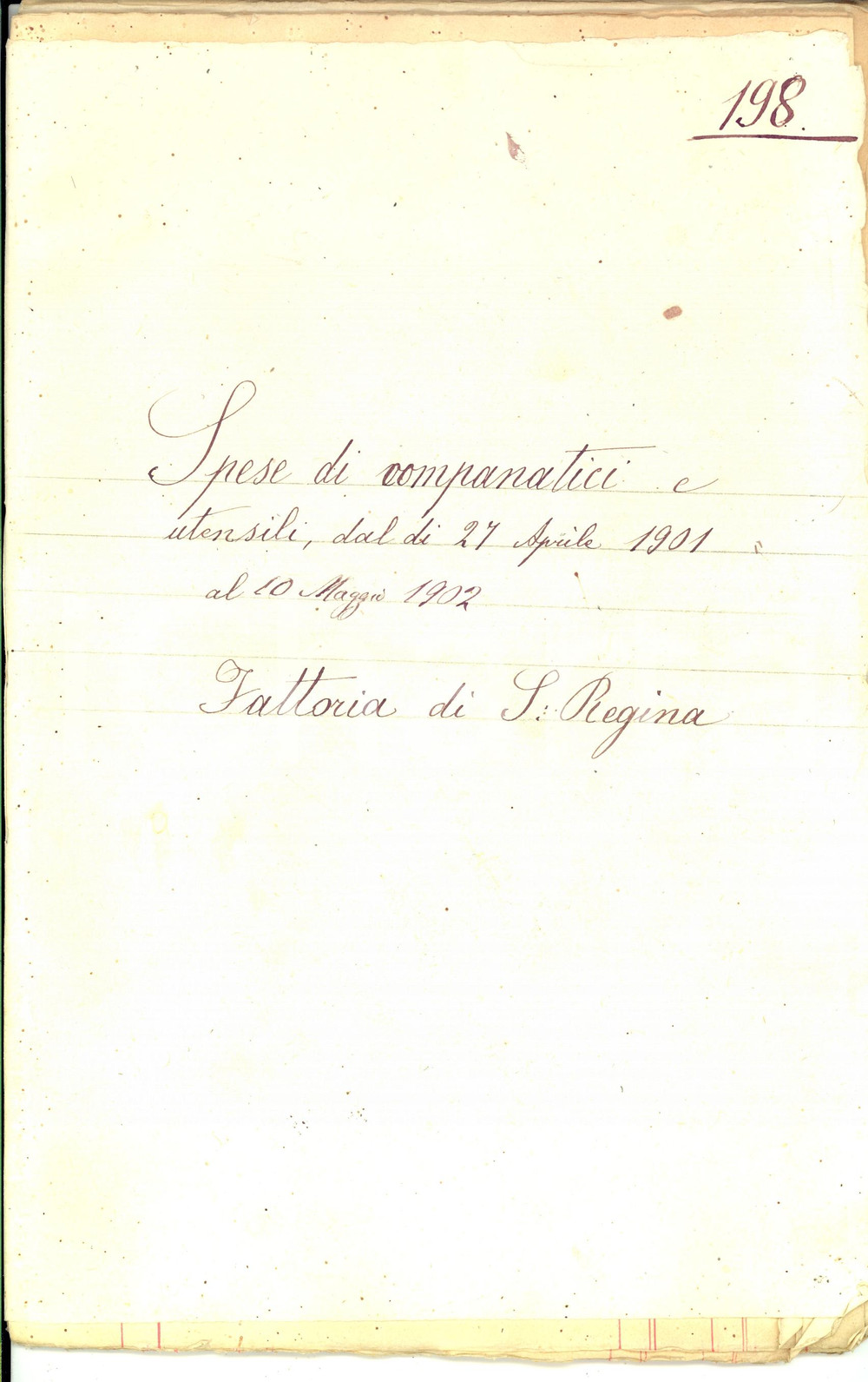 Documento originale, autentico 1902 SIENA Fattoria SANTA REGINA Spese di companatici e utensili 40 pp. 1