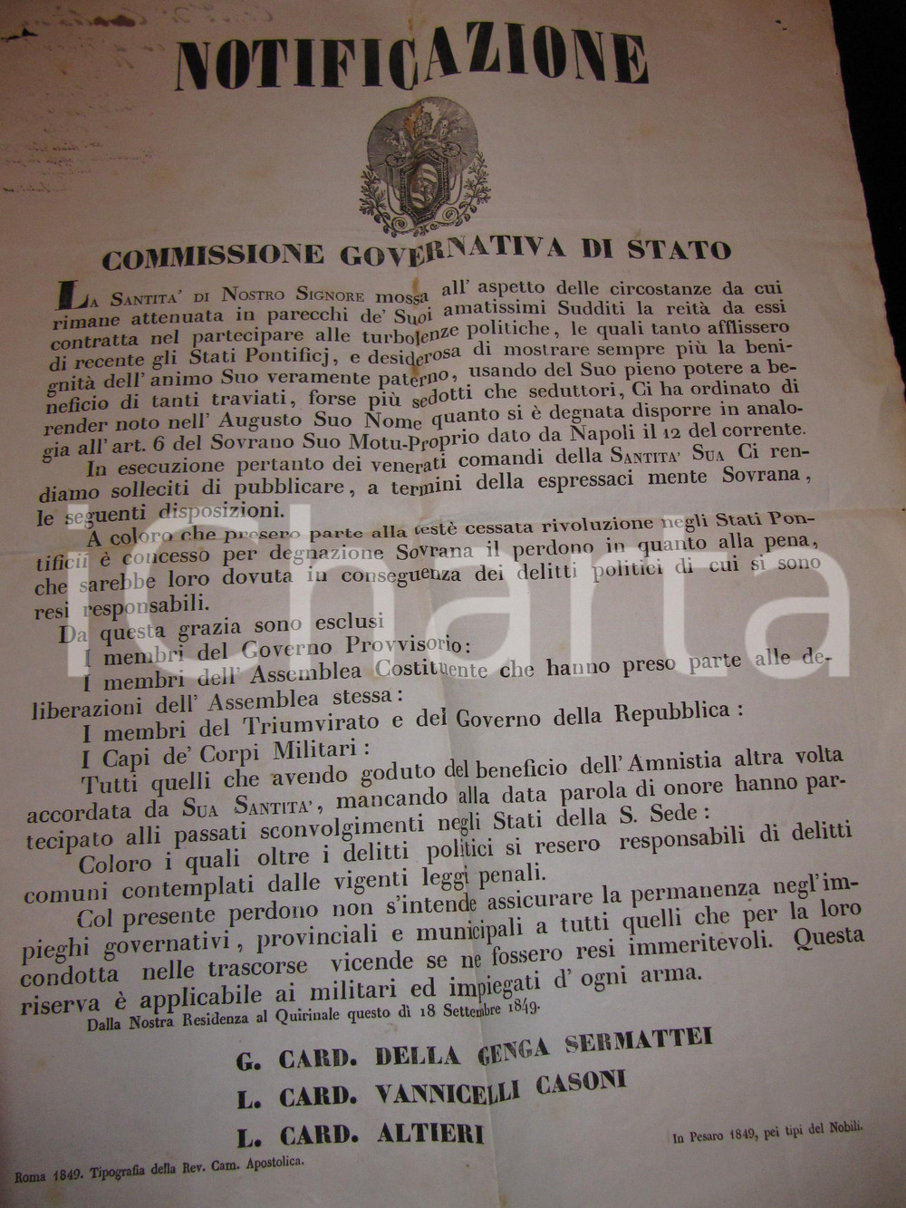 Documento originale, autentico 1849 RISORGIMENTO MOTI DEL 1848 Aministia STATO PONTIFICIO per delitti politici 1