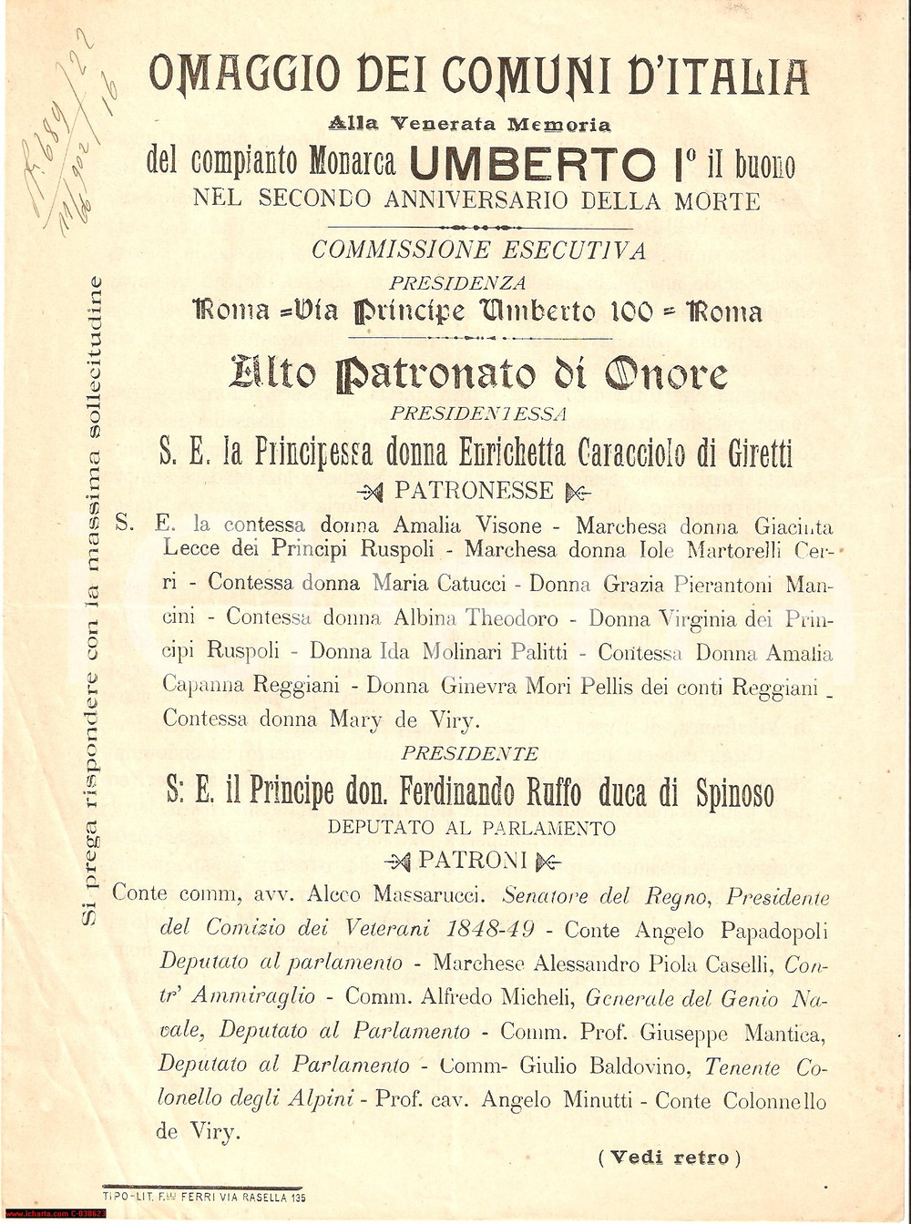 Documento originale, autentico 1902 ROMA Secondo anniversario assassinio UMBERTO I 1