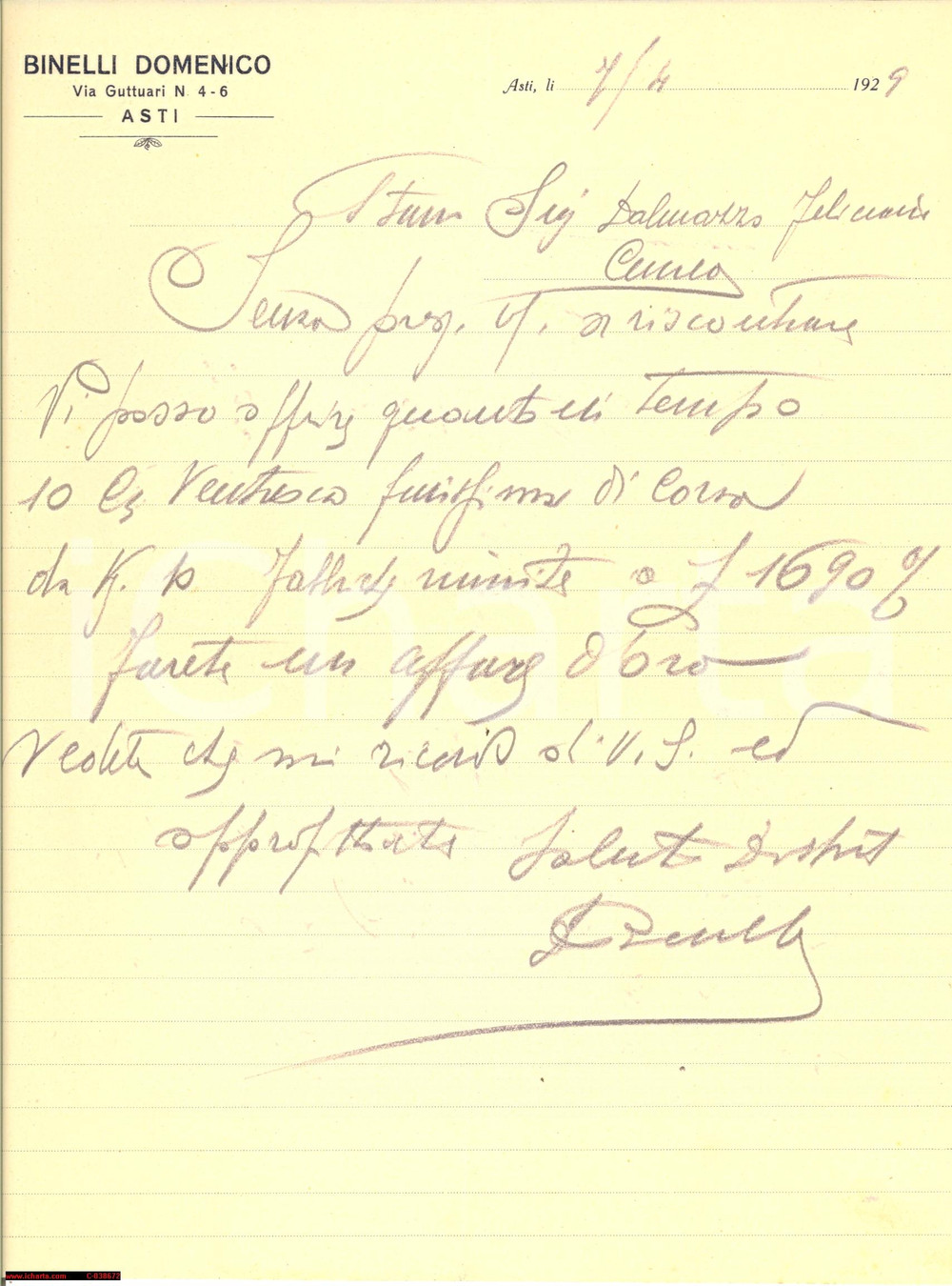 Documento originale, autentico 1929 ASTI Domenico BINELLI vende ventresca finissima tonno CORSA *Lettera 1