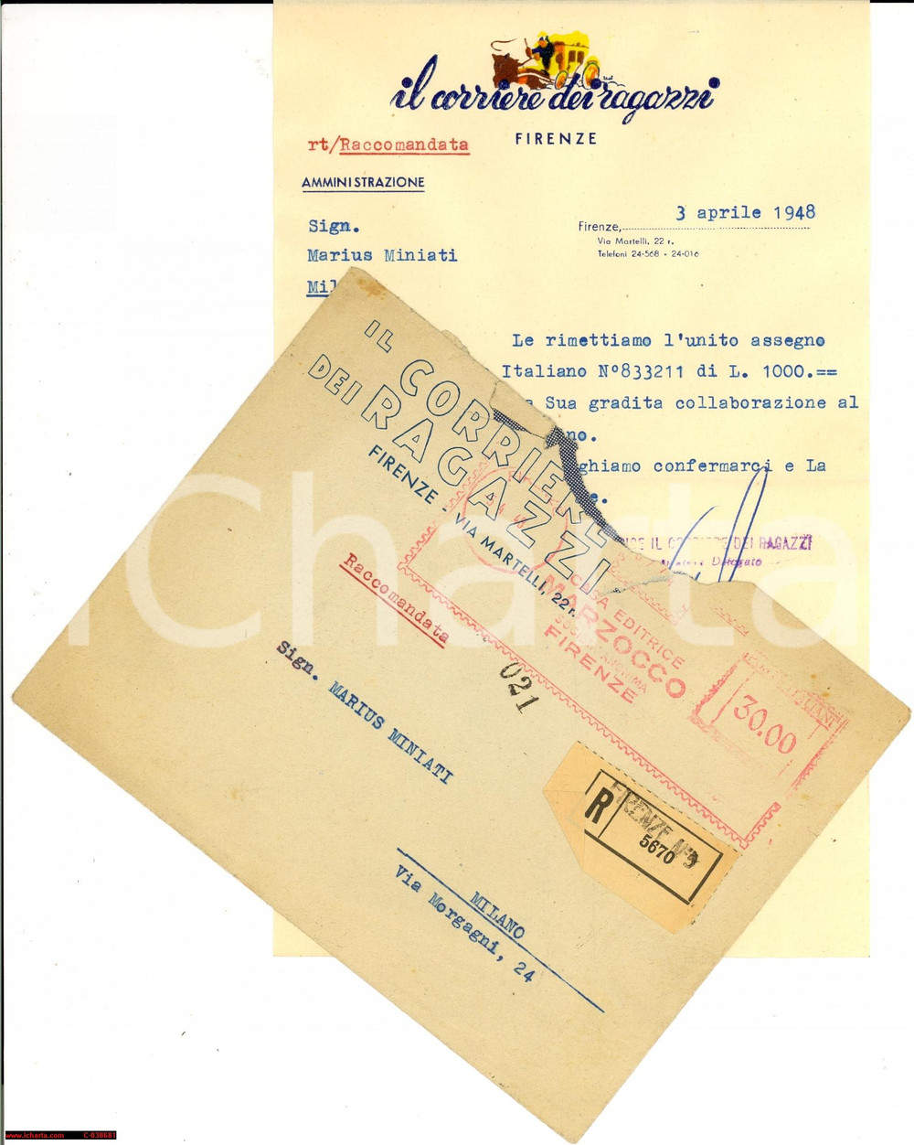 Manoscritto, lettera originale 1948 CORRIERE DEI RAGAZZI autore (rice) Marius Miniati 1