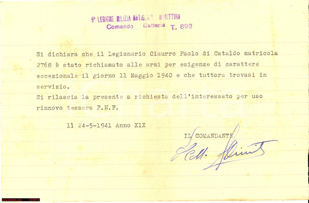 Documento originale, autentico 1941 TARANTO Legionario Paolo CIAURRO richiamato armi 1